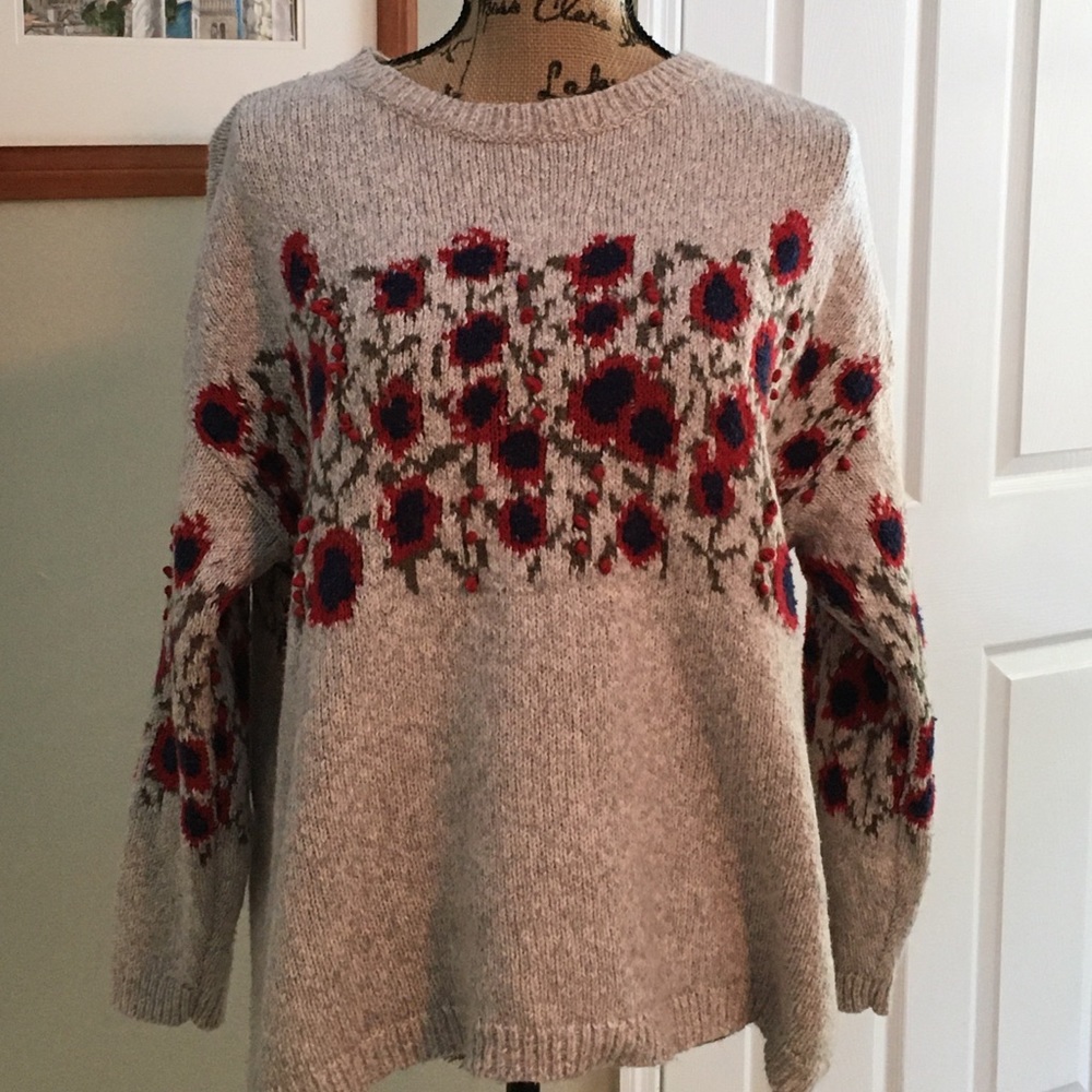 SOLD - J Jill Gray Sweater with Red & Blue Floral